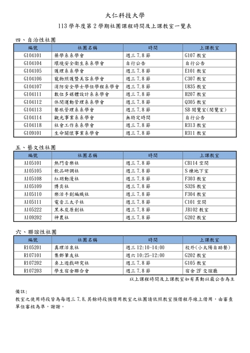 社團上課時間及地點